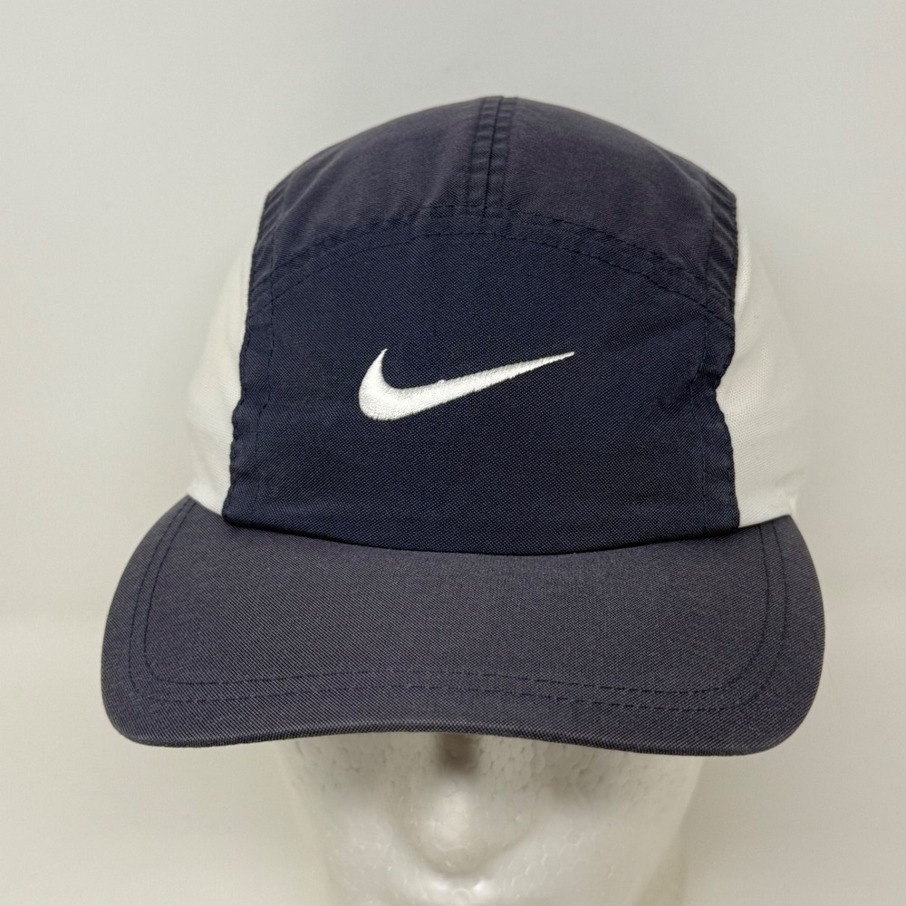 Vintage Nike 5 Panel Running Hat Navy Blue White Mesh Nylon Adjustable Strap 90s
